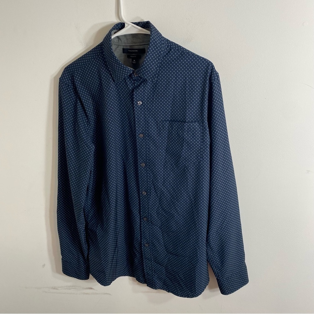 Tahari Navy Blue Patterned Men's Medium Button Down Collared